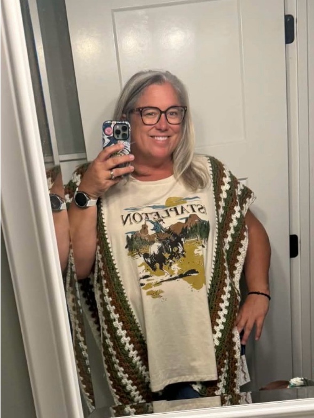 Chris Stapleton Graphic Tee with handmade Crochet poncho - Cream & Olive
